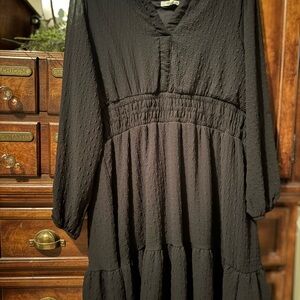Maurices Black Textured V-Neck Tiered Long Sleeve Dress